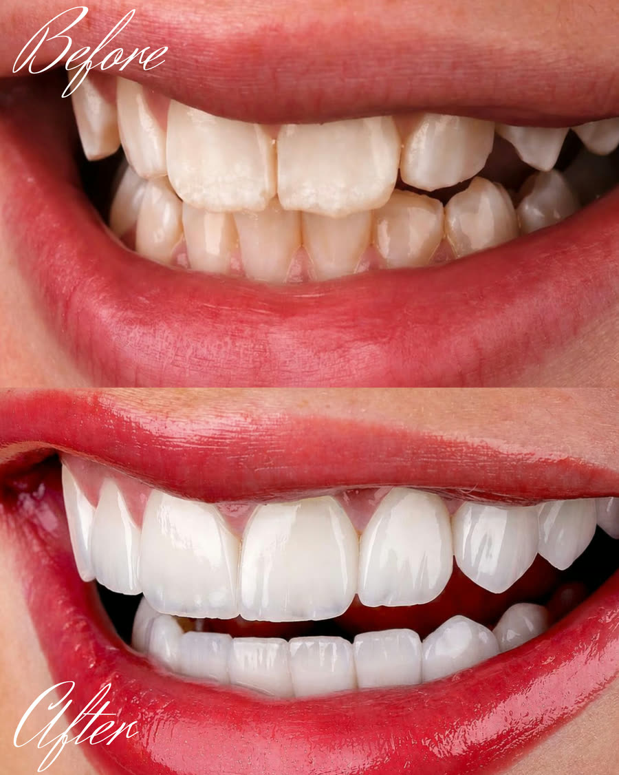 Smile transformation: the original smile above, the finished result below