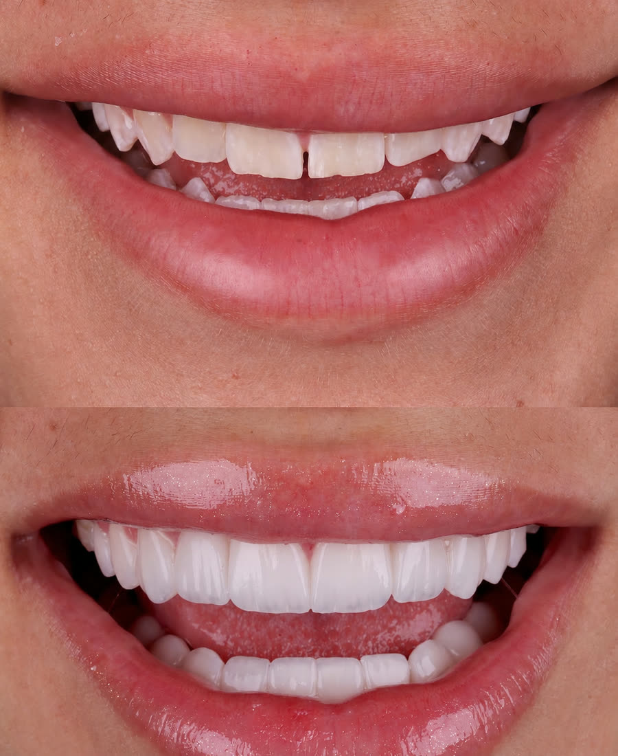 Smile transformation: the original smile above, the finished result below