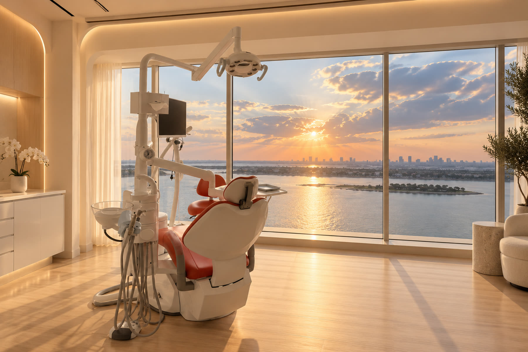 A treatment room at Teba Dental Clinic, with floor-to-ceiling windows overlooking the water at sunset